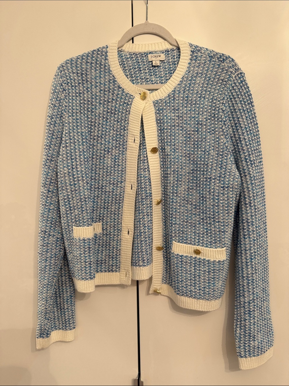 J. Crew Blue and Cream Tweed-Style Cardigan with Gold Buttons